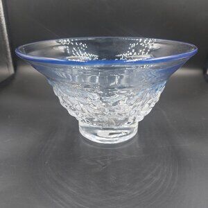 Vtg Amici Blue & Clear Textured Glass Footed Bowl Hand Blown Ice Effect Italy